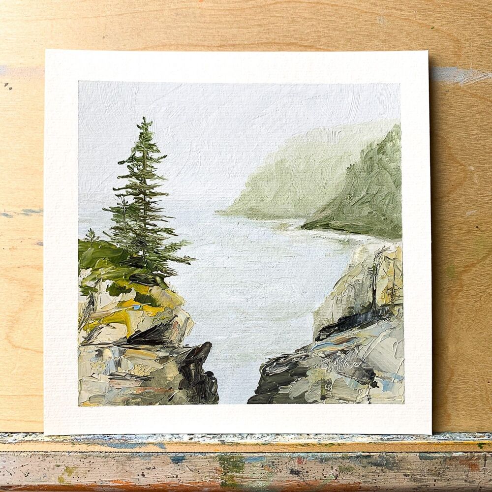 6x6 Maine Original Oil Painting Seascape Pines Rocky Bluff Coastal Art Signed - Picture 2 of 8